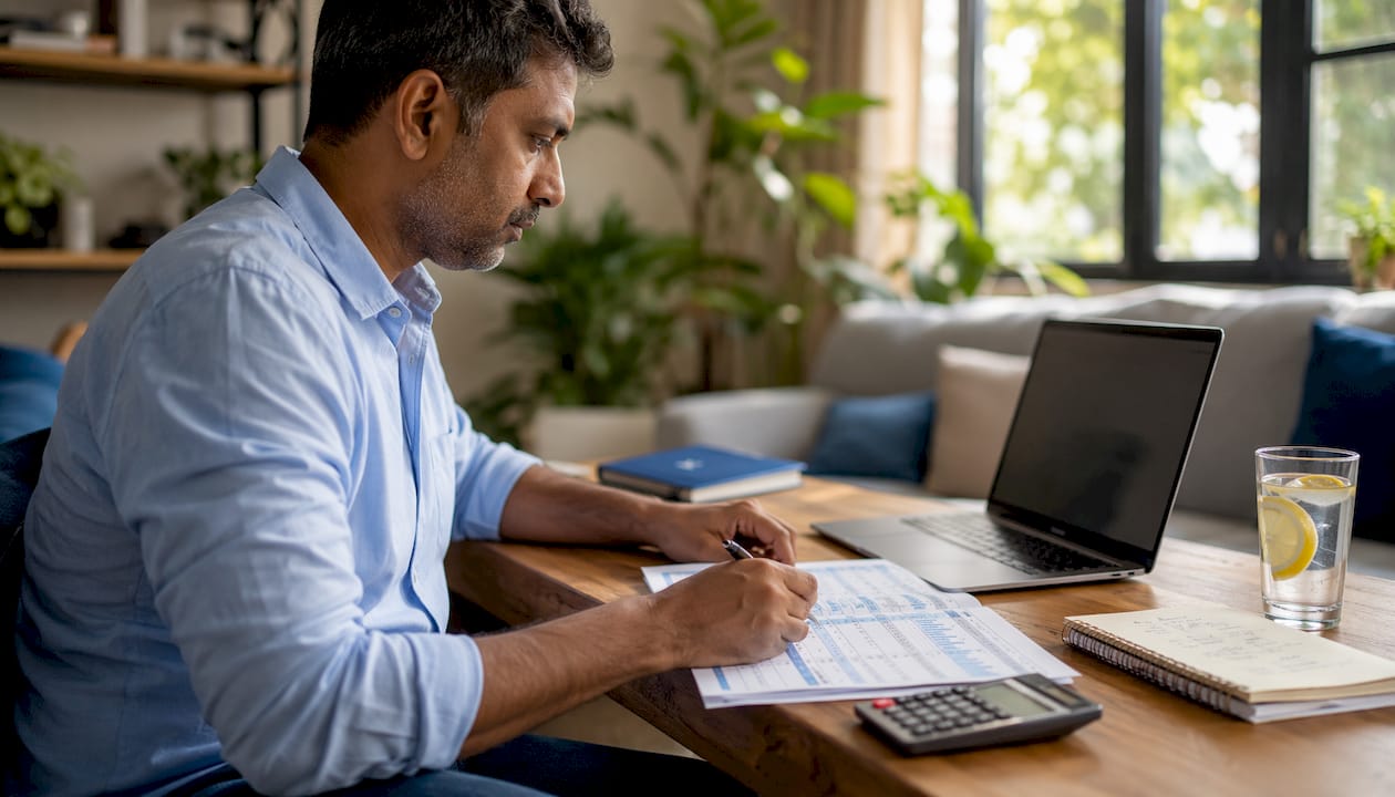 Entrepreneur working on cash flow forecast at home desk