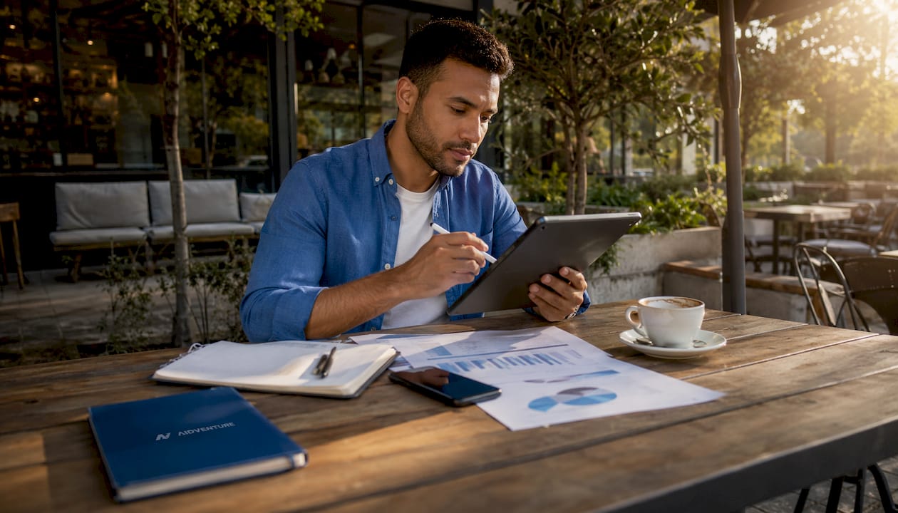 Startup founder working with financial charts at café