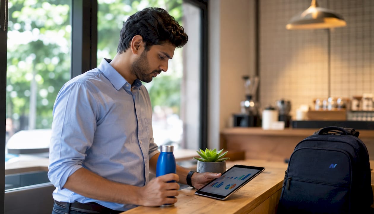 Man managing operating expenses with tablet at standing desk