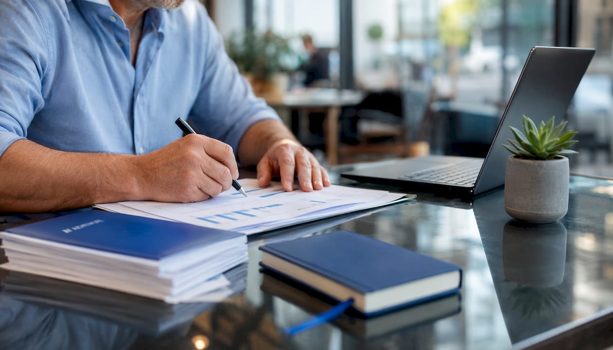 Hands writing notes on finances at office desk