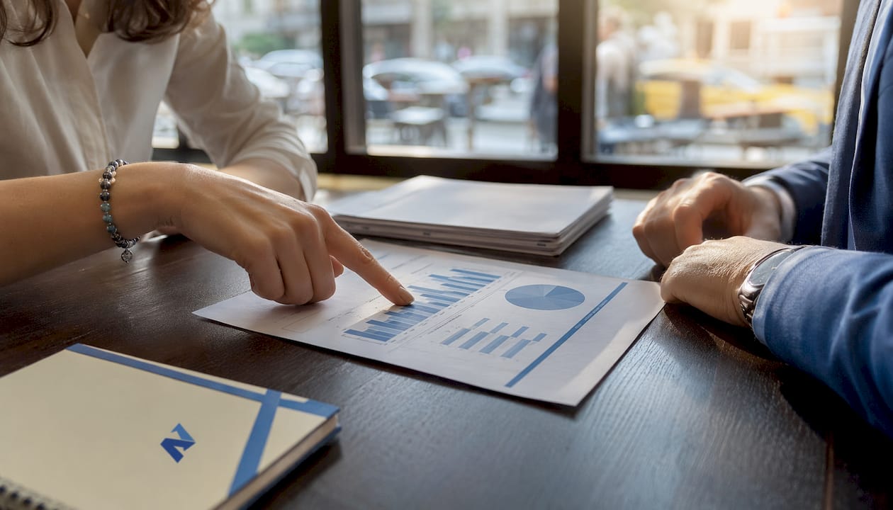 Hands analyzing cash flow forecasting documents