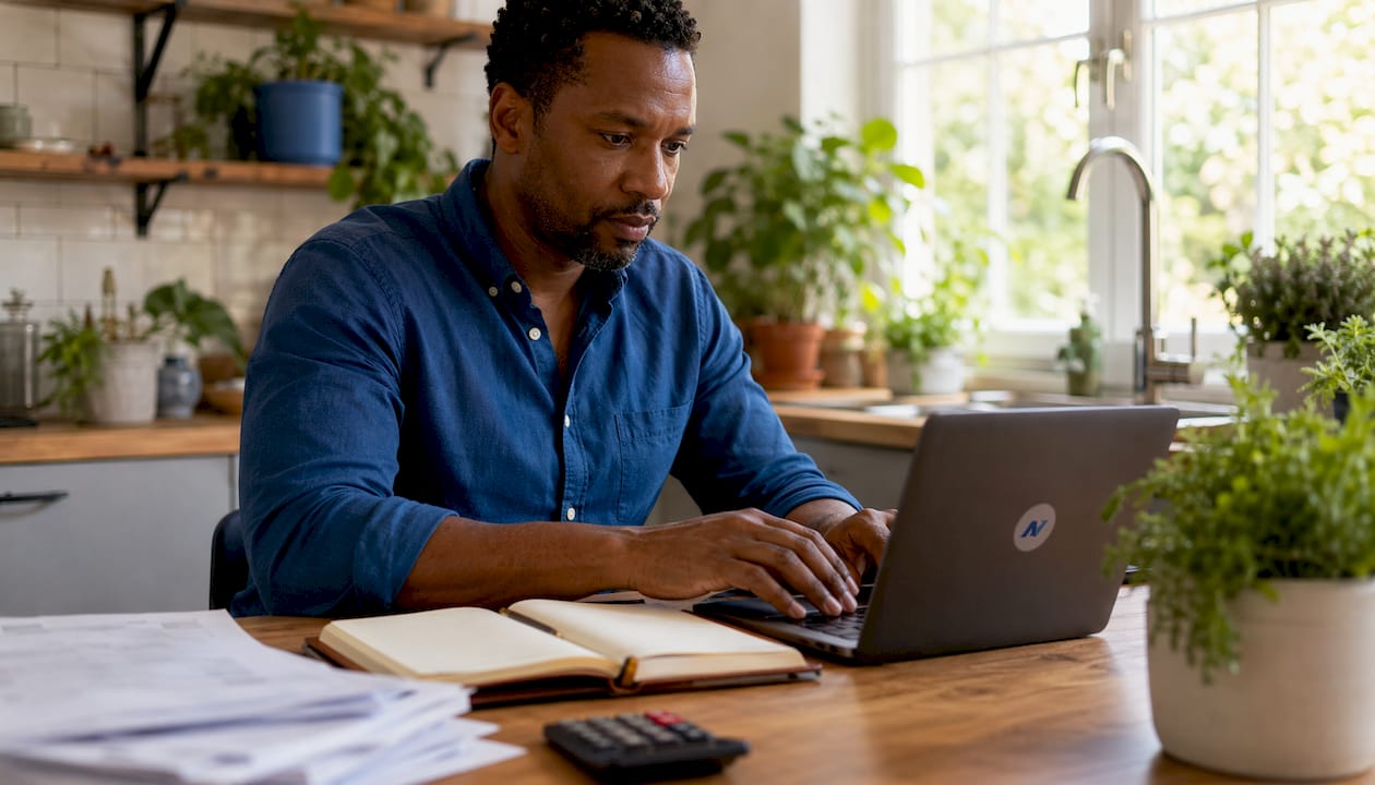 Hands typing on laptop with financial tools nearby