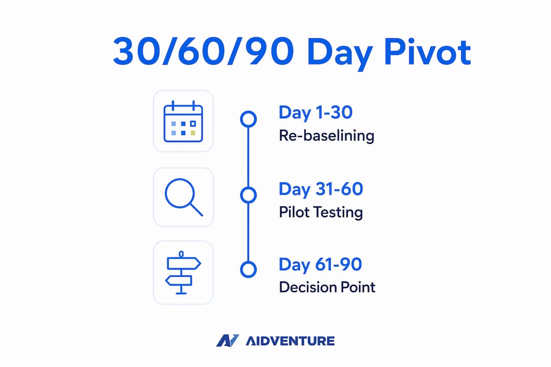 Infographic illustrating 30/60/90 day pivot timeline steps