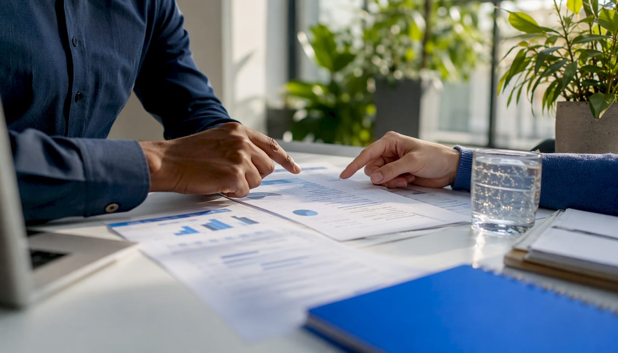 Hands reviewing sales tax cost charts and invoices