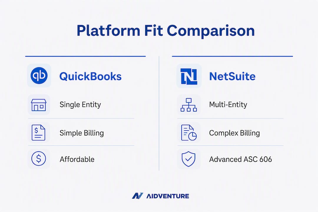 Infographic comparing QuickBooks and NetSuite platform fits