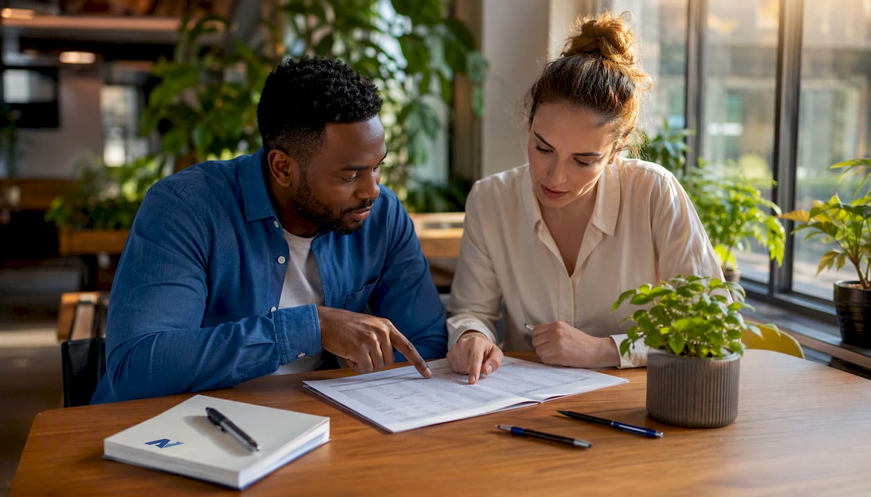 Hands reviewing payroll software spreadsheets