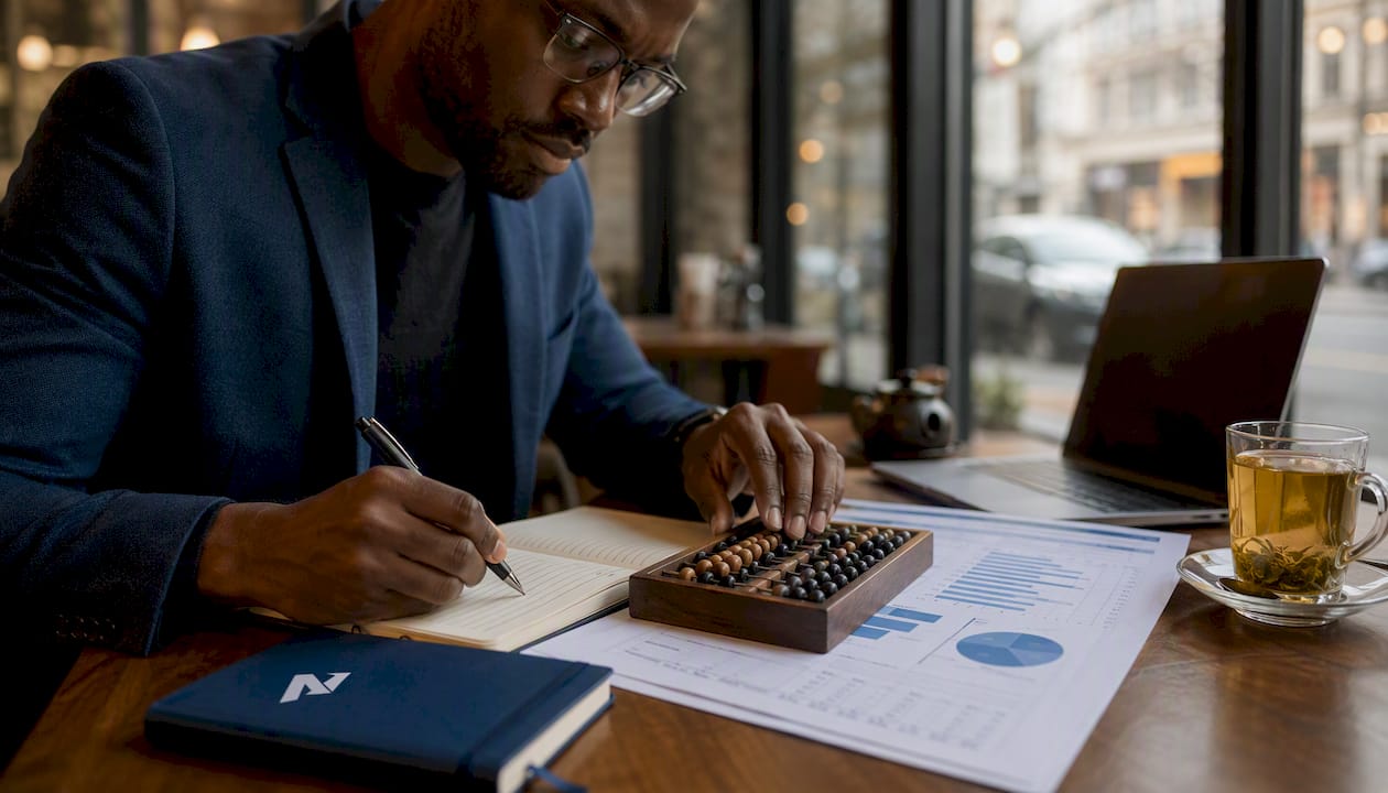 Analyst calculating monthly recurring revenue by hand