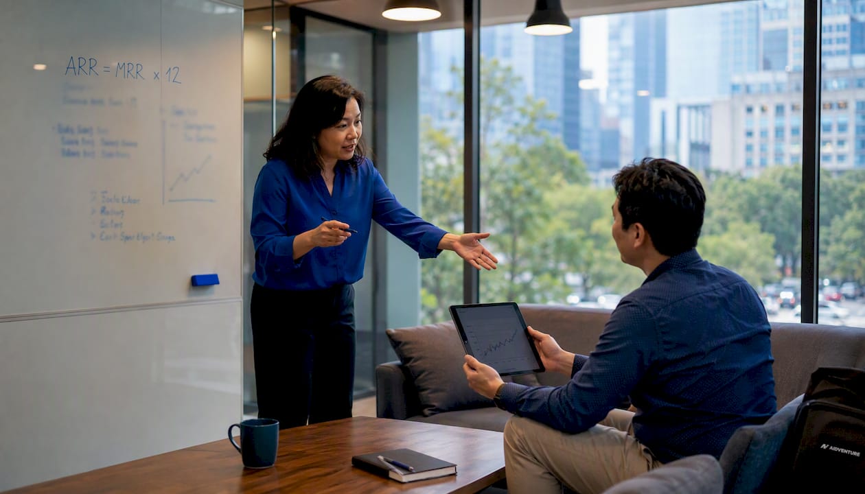 Businesswoman explaining ARR formula in conference room