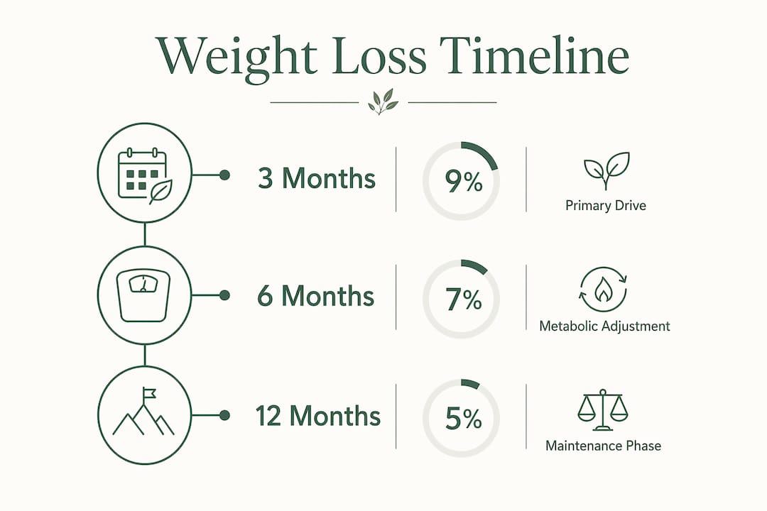Infographic illustrating GLP-1 weight loss stages over time