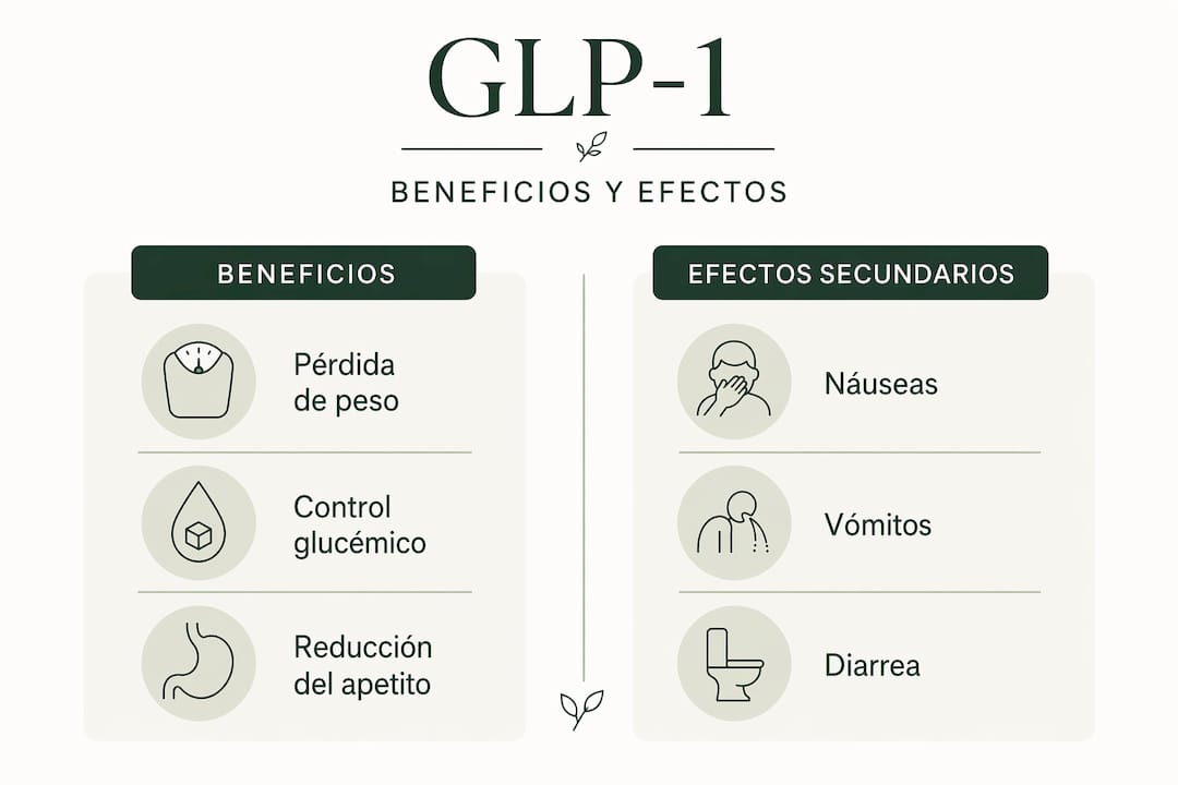 Infografía que muestra las ventajas y posibles efectos secundarios de los medicamentos GLP-1