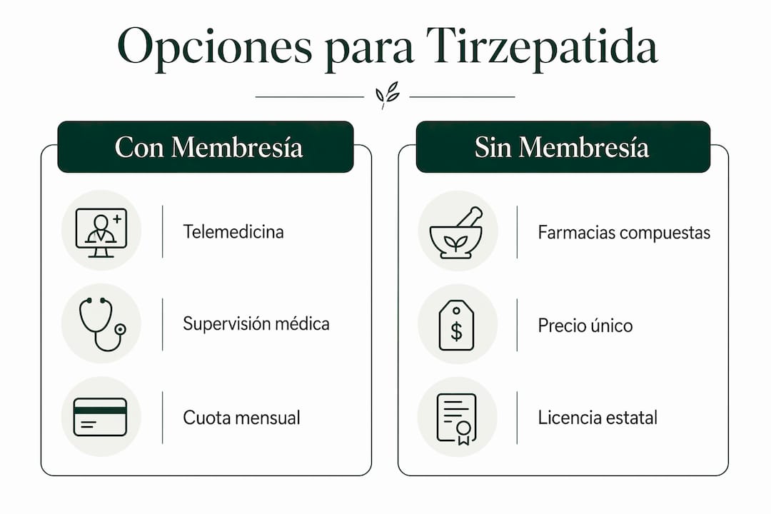 Infografía comparativa: alternativas para adquirir tirzepatida, con y sin suscripción