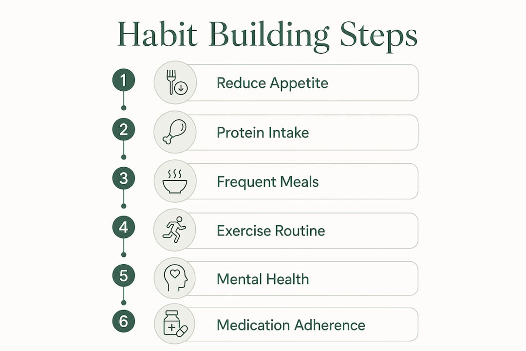 Infographic illustrating key habit steps during GLP-1 therapy