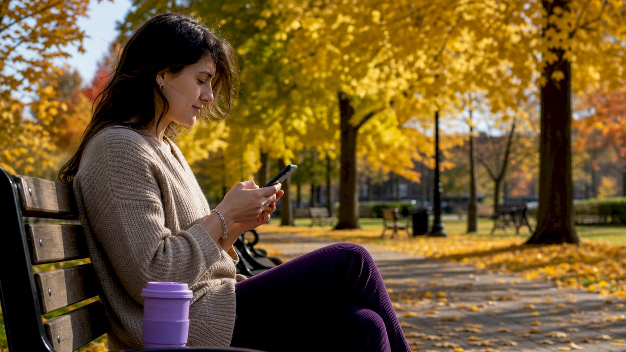 Close-up of hands holding smartphone at café table