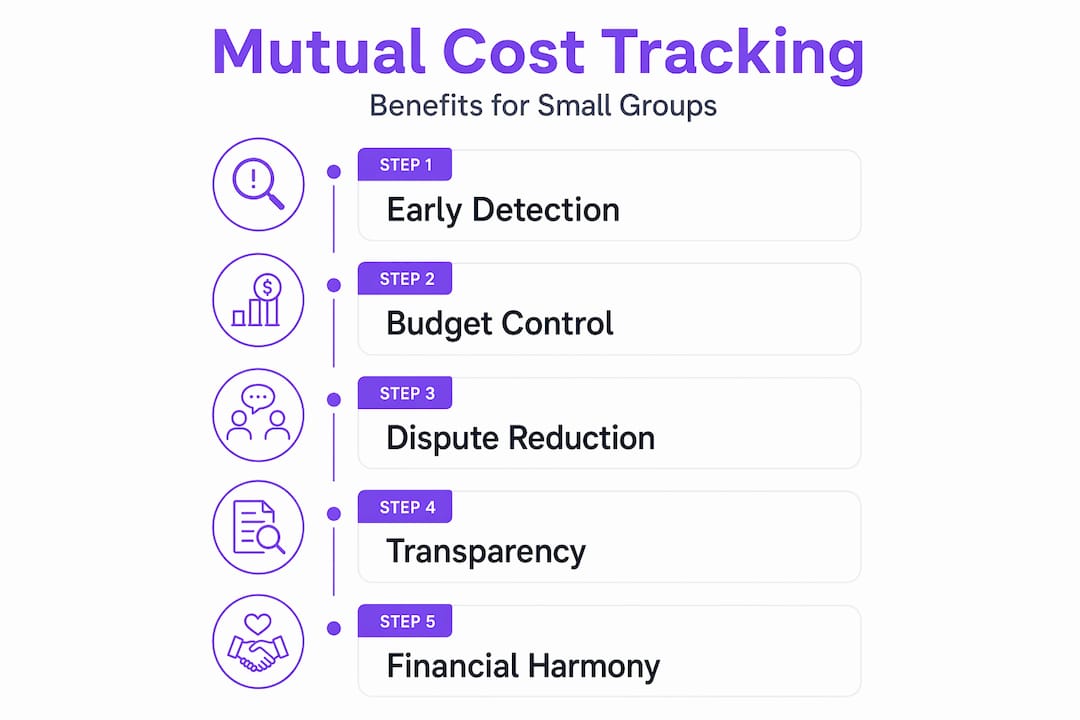 Infographic showing mutual cost tracking benefits for small groups in five steps