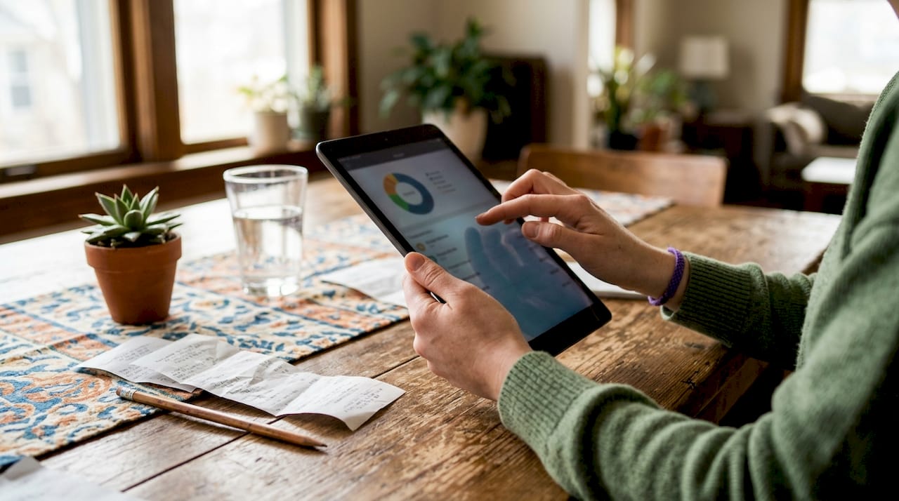Hands using budget app at kitchen table