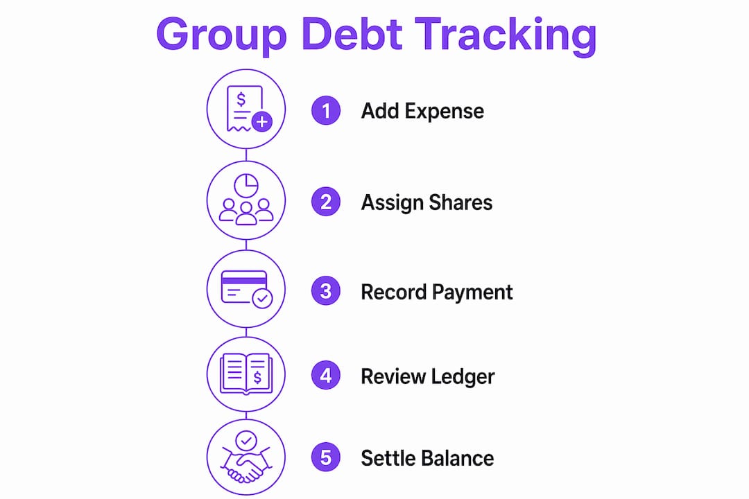 Infographic illustrating group debt tracking steps