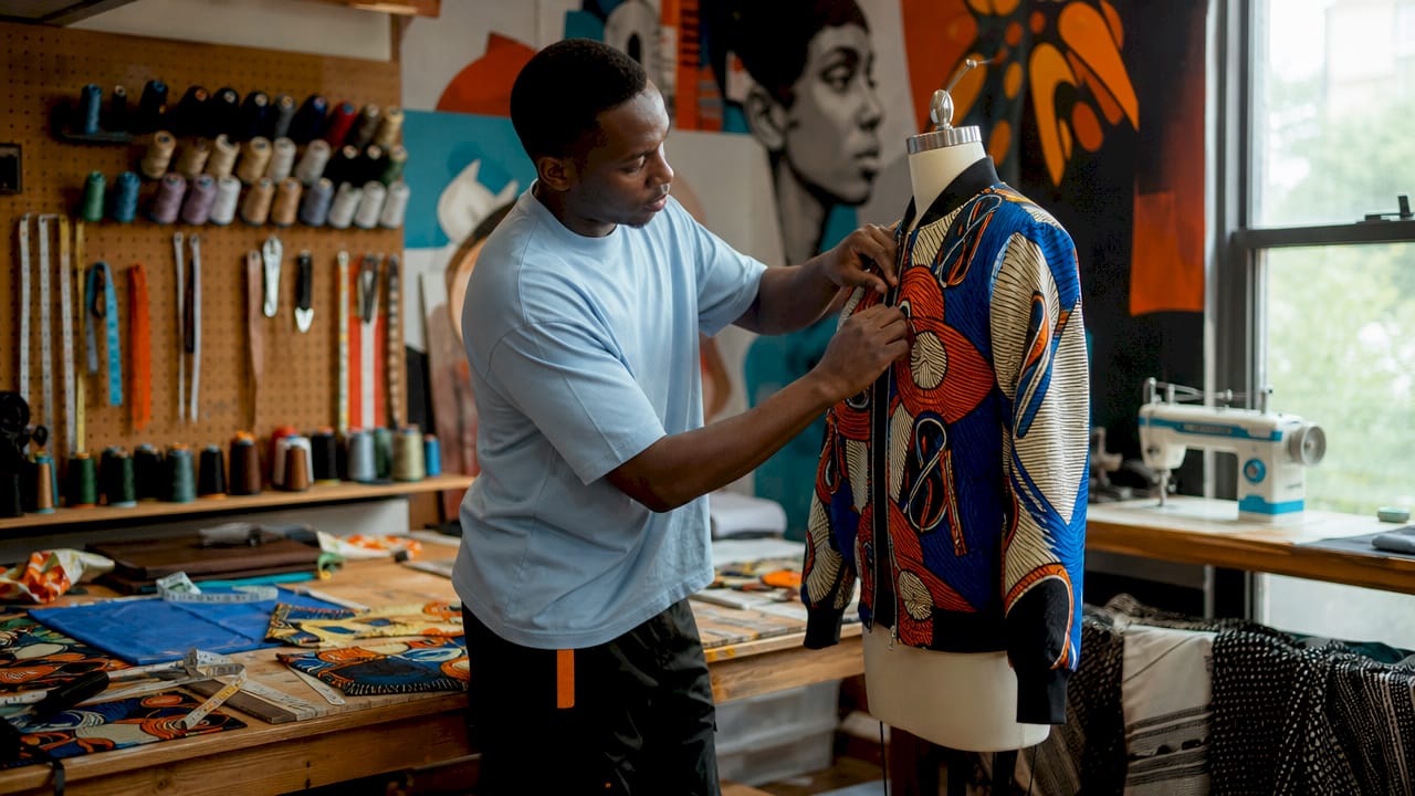 Tailor adjusting Ankara jacket on mannequin