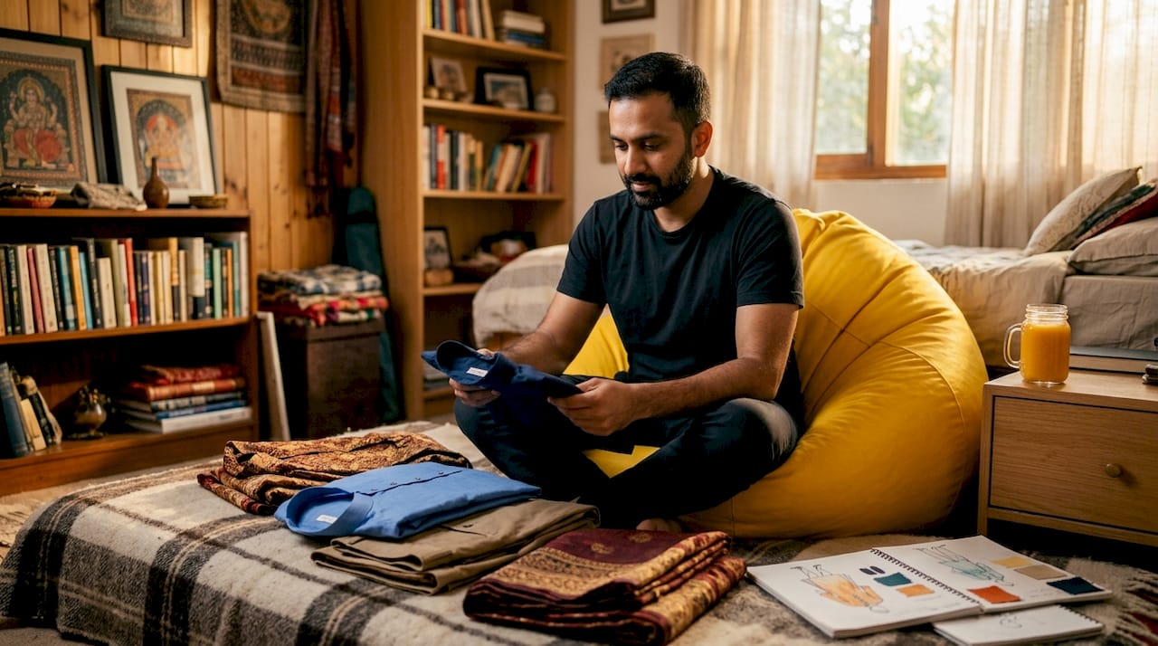 Man arranging cultural capsule wardrobe at table