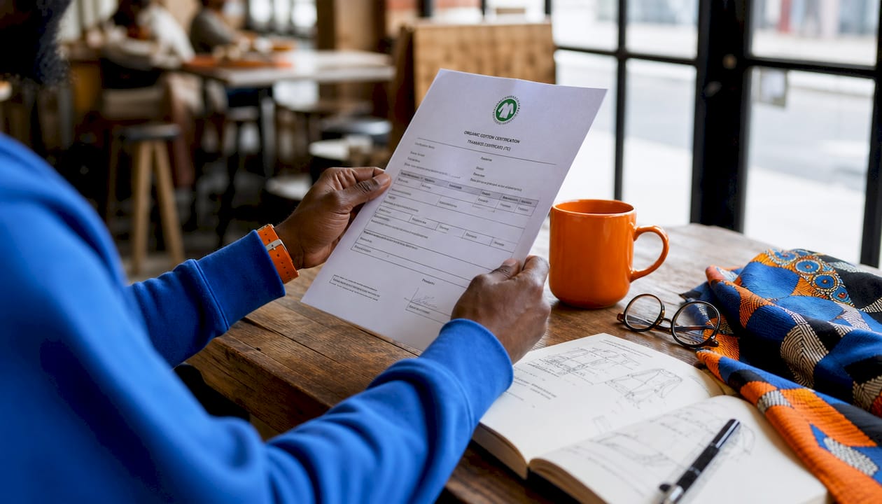 Hands reviewing organic cotton certification document