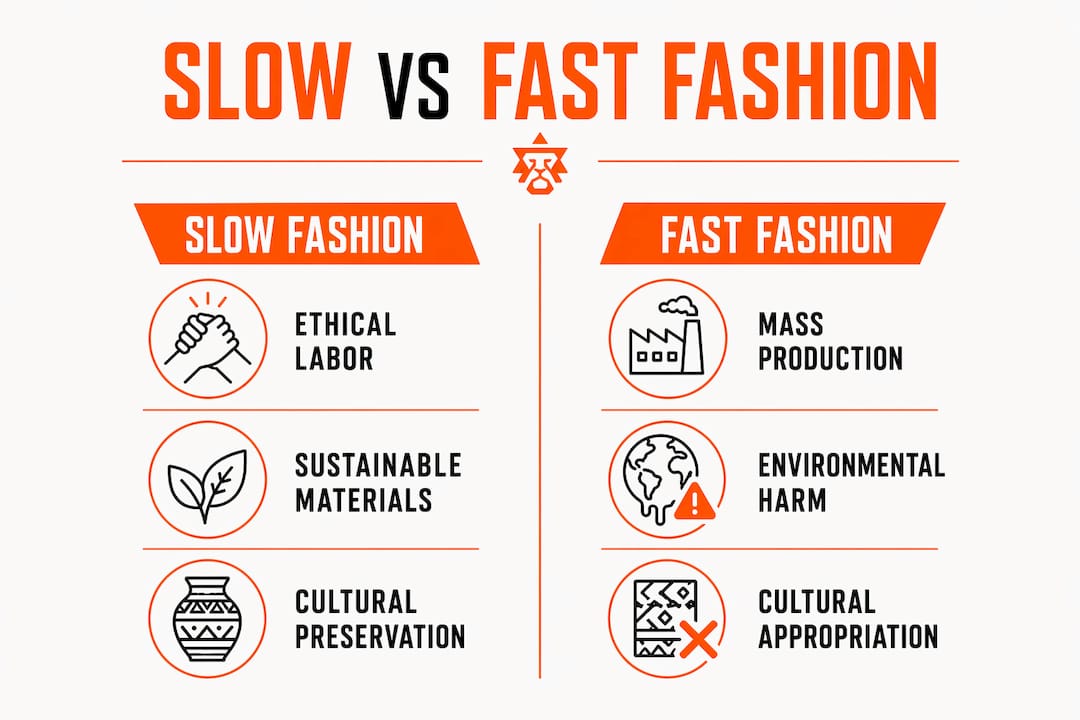 Infographic comparing slow and fast fashion key points