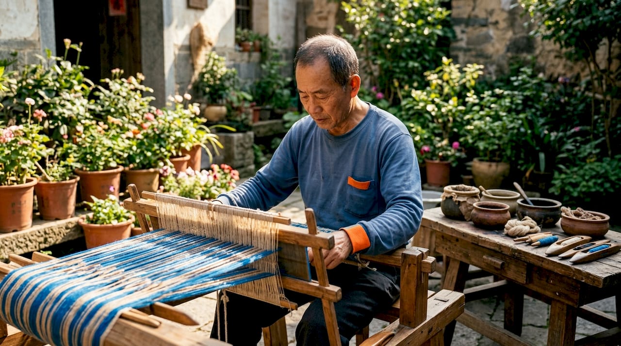 Hands weaving traditional slow fashion textile