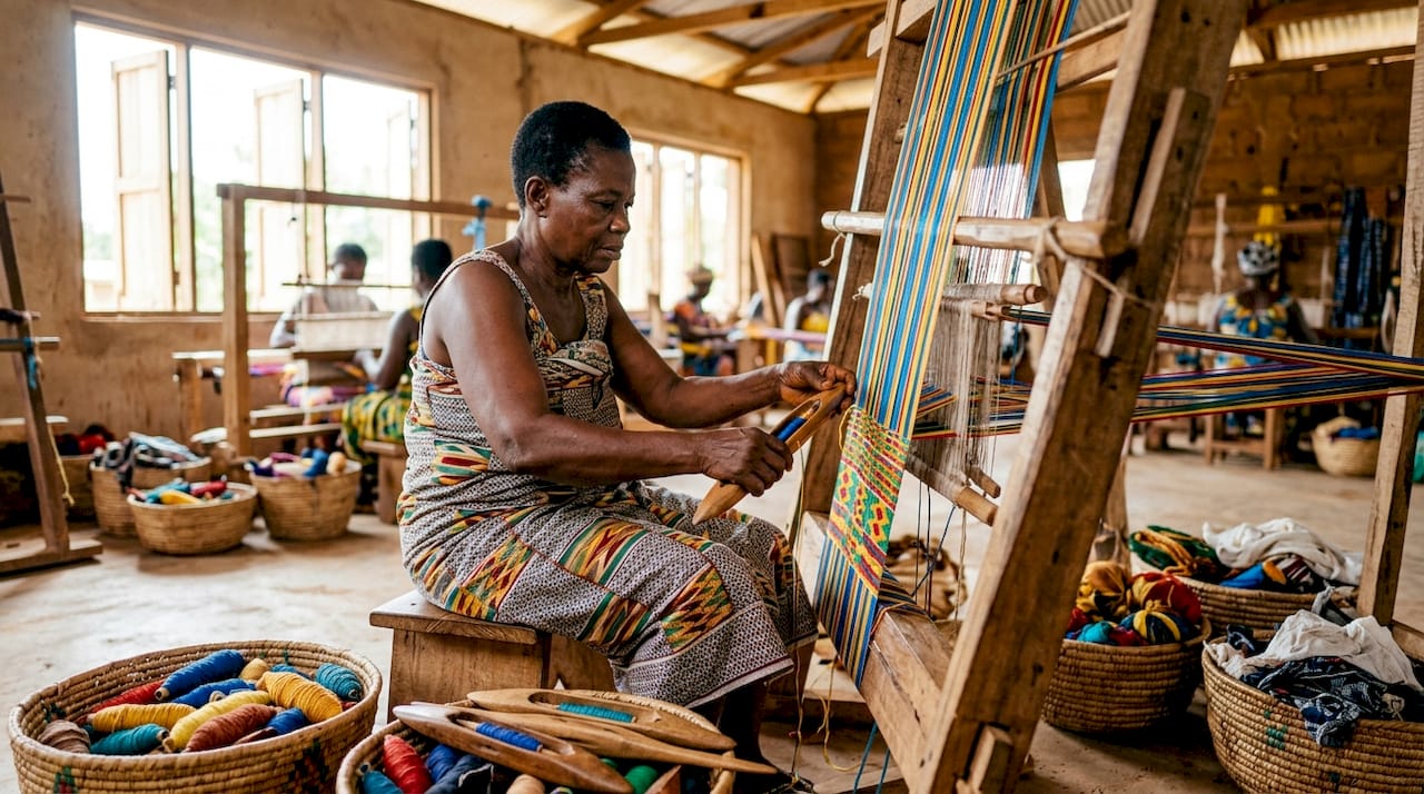 Hands weaving narrow strips of Kente cloth on loom
