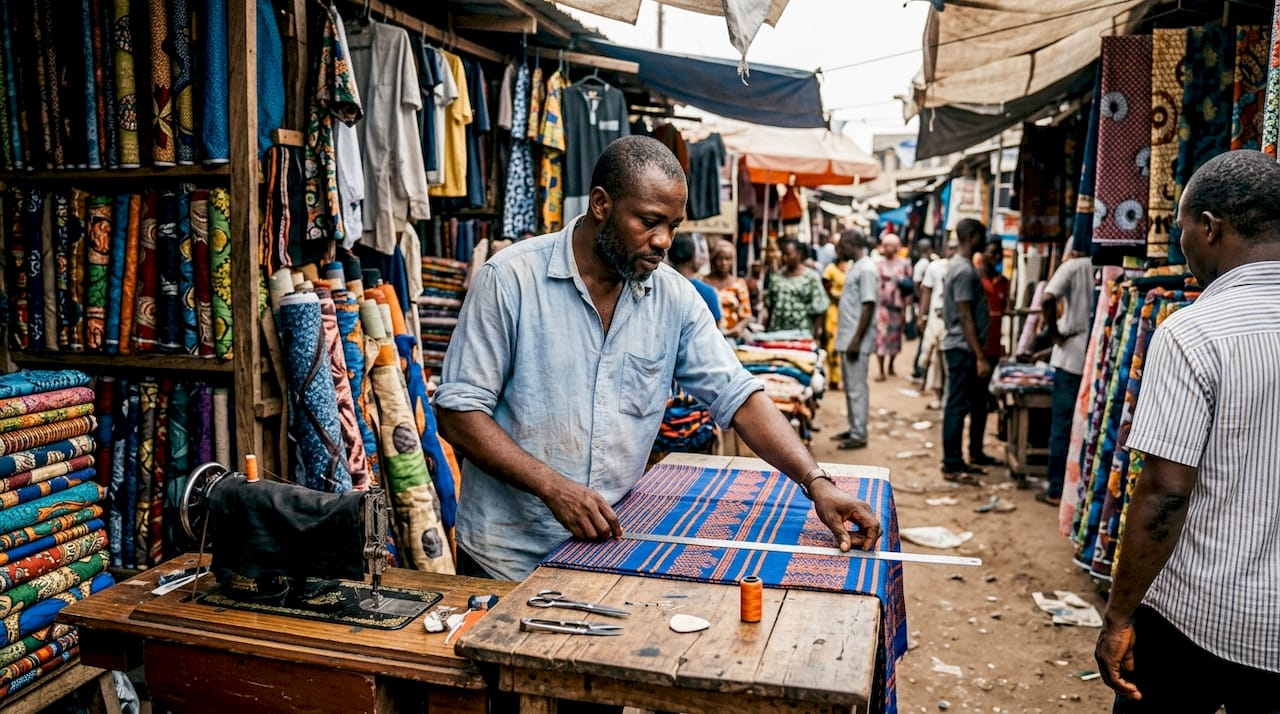 Tailor working on Aso-oke textile suit