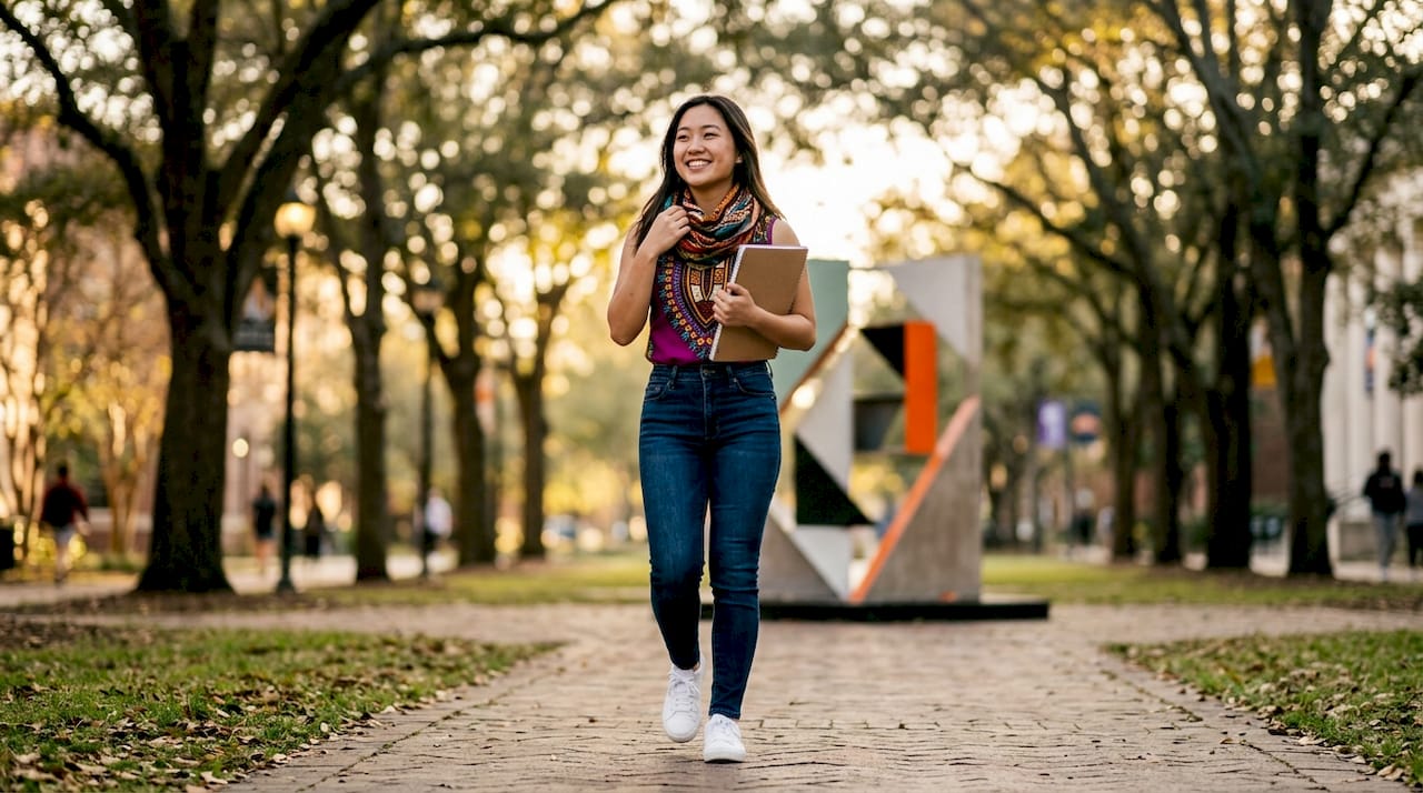 Female student wearing cultural top with jeans on campus