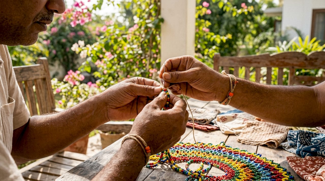 Hands creating traditional beaded necklace in workshop