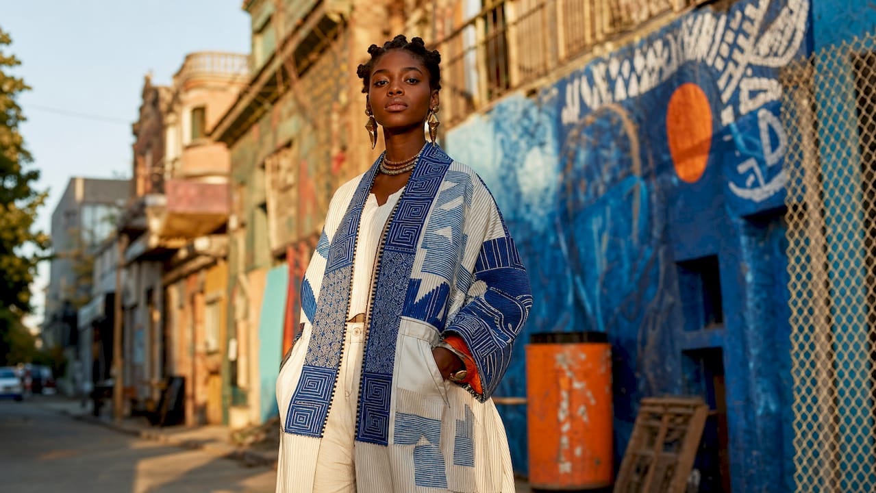 Young woman in streetwear with West African tailoring details