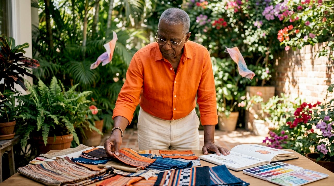 Hands arranging woven fabric samples on design table