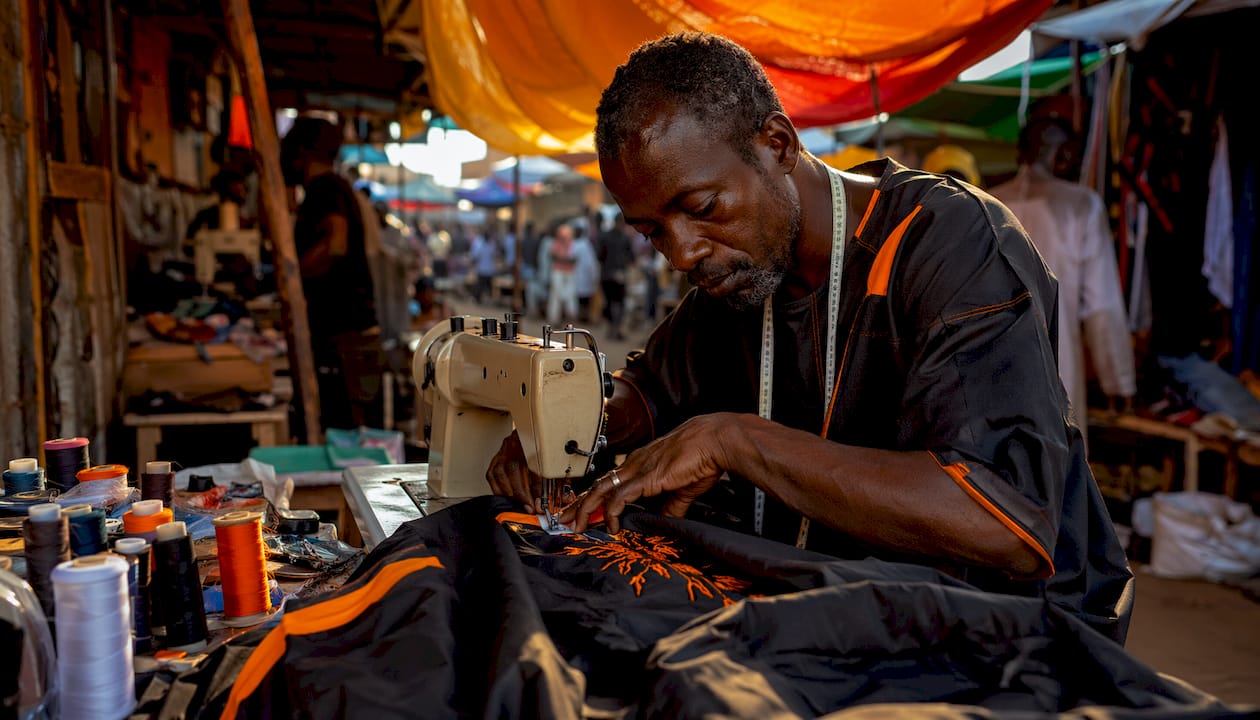 Tailor sewing embroidery inside workshop