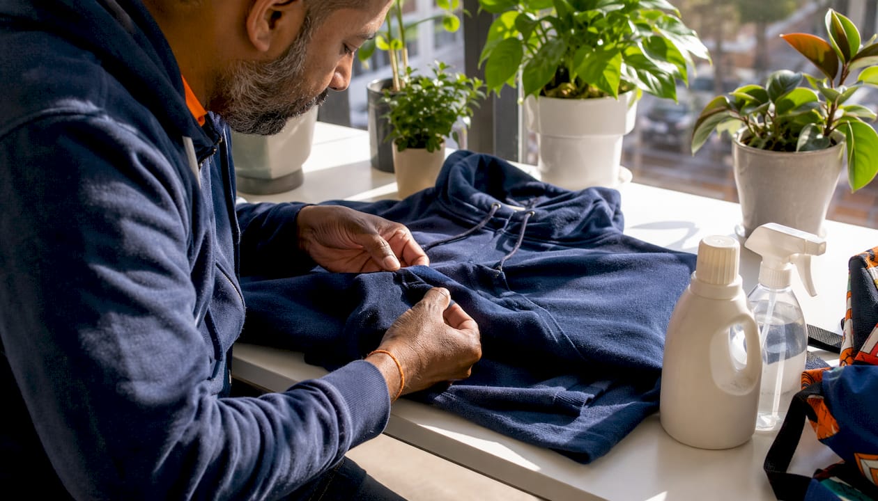Hands folding fleece hoodie avoiding fabric softener