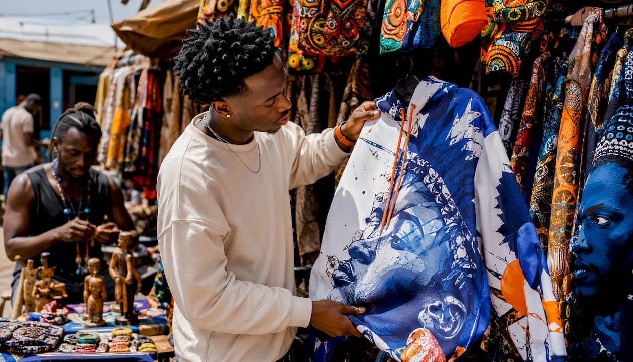 Man examining Afro Renaissance Hoodie outdoors