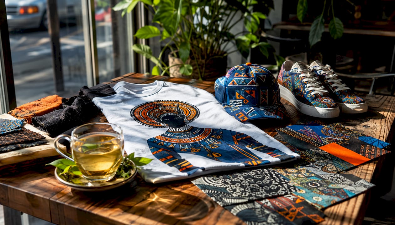 Flat lay of cultural streetwear design elements