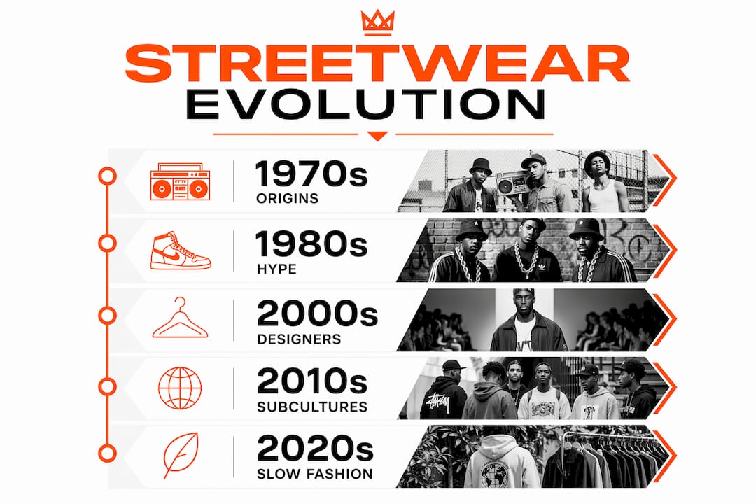 Timeline infographic showing streetwear evolution milestones
