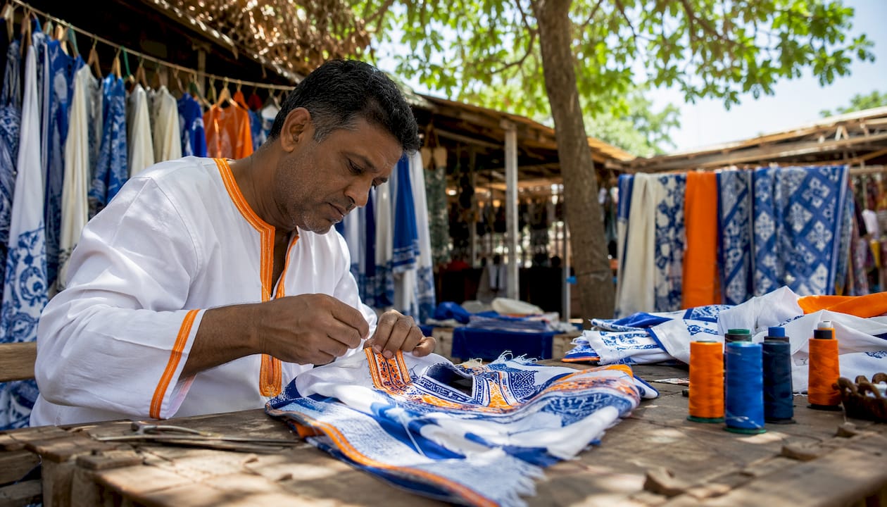Artisan embroidering traditional clothing indoors
