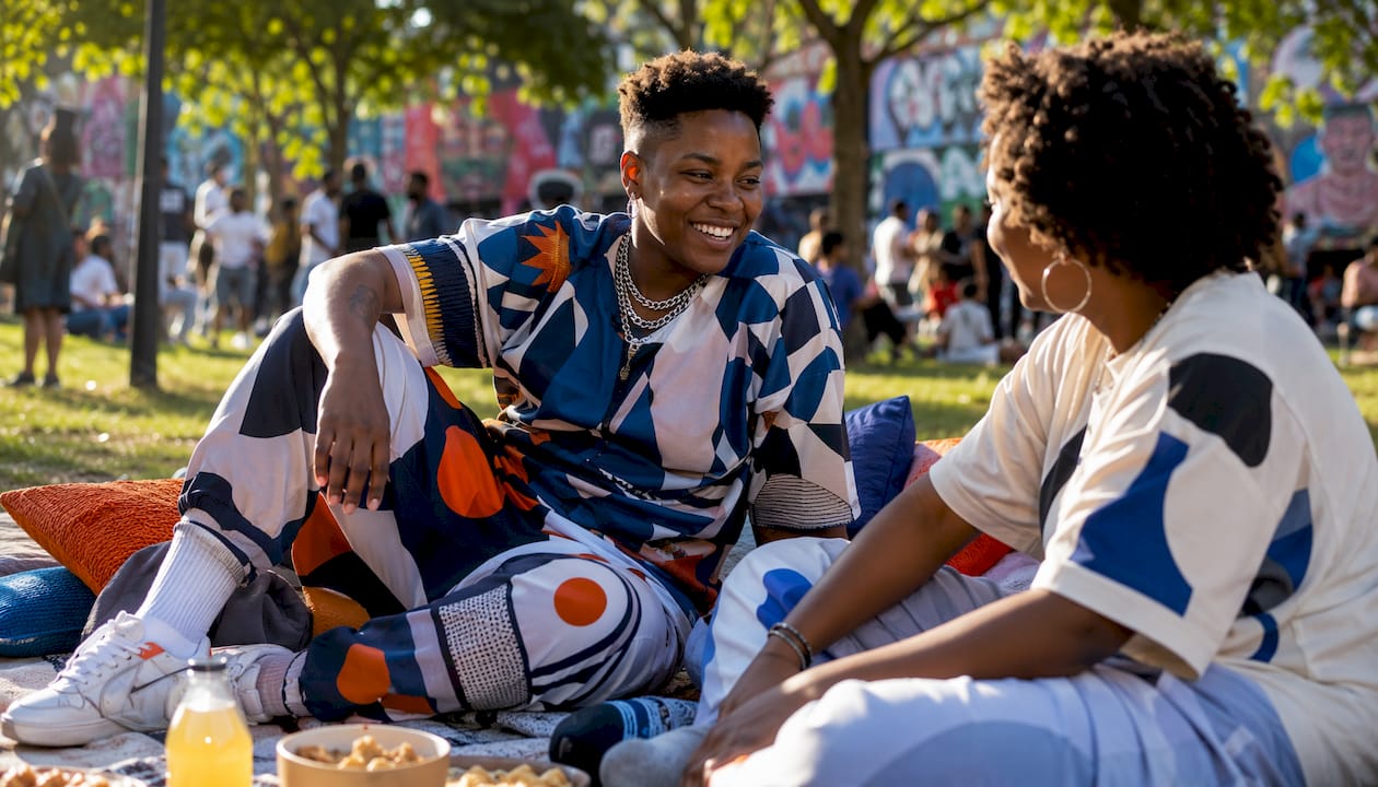 Nonbinary model in gender-neutral streetwear outdoors