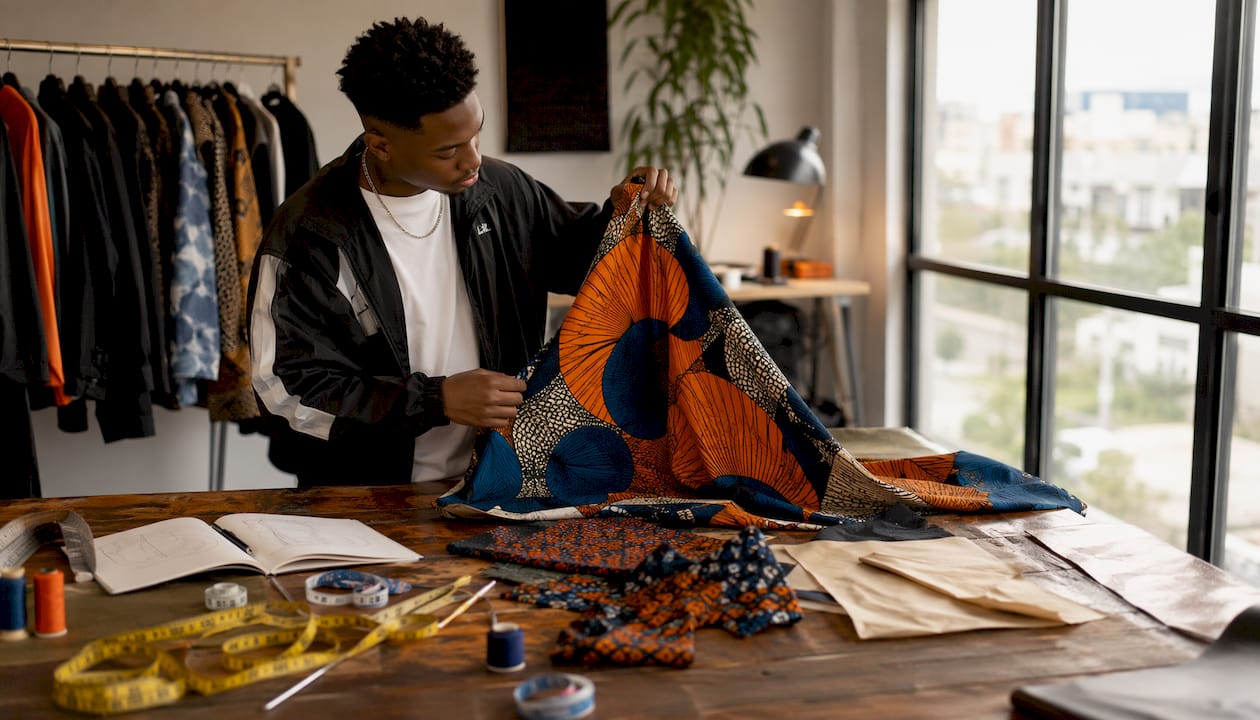Hands mixing African textile fabric swatches