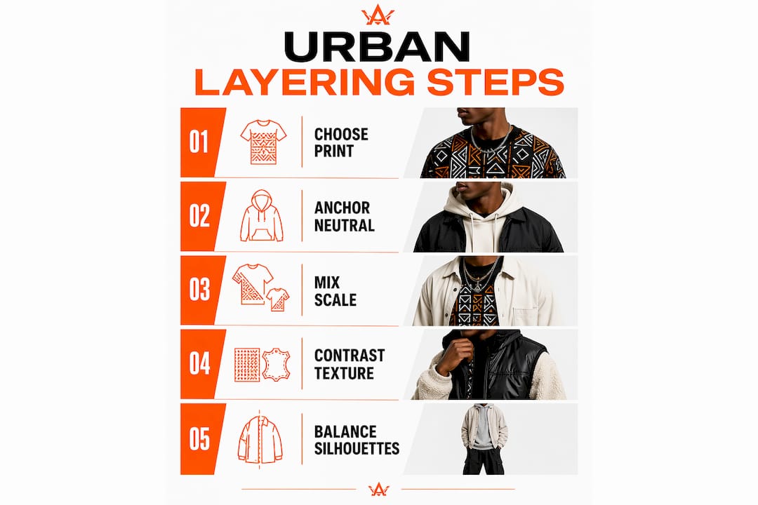 Infographic showing steps to layer African textiles