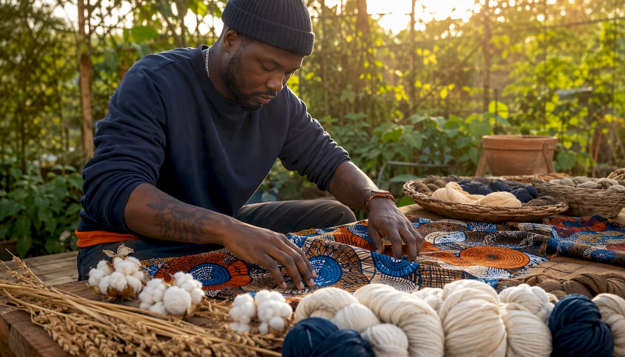 Hands weaving vibrant Ankara fabric with natural fibers