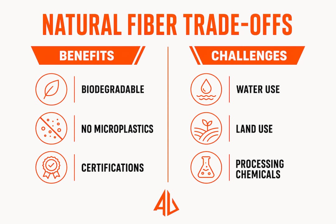 Infographic comparing environmental benefits and challenges of natural fibers