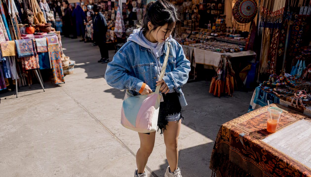 Teenager styling streetwear tote outdoors