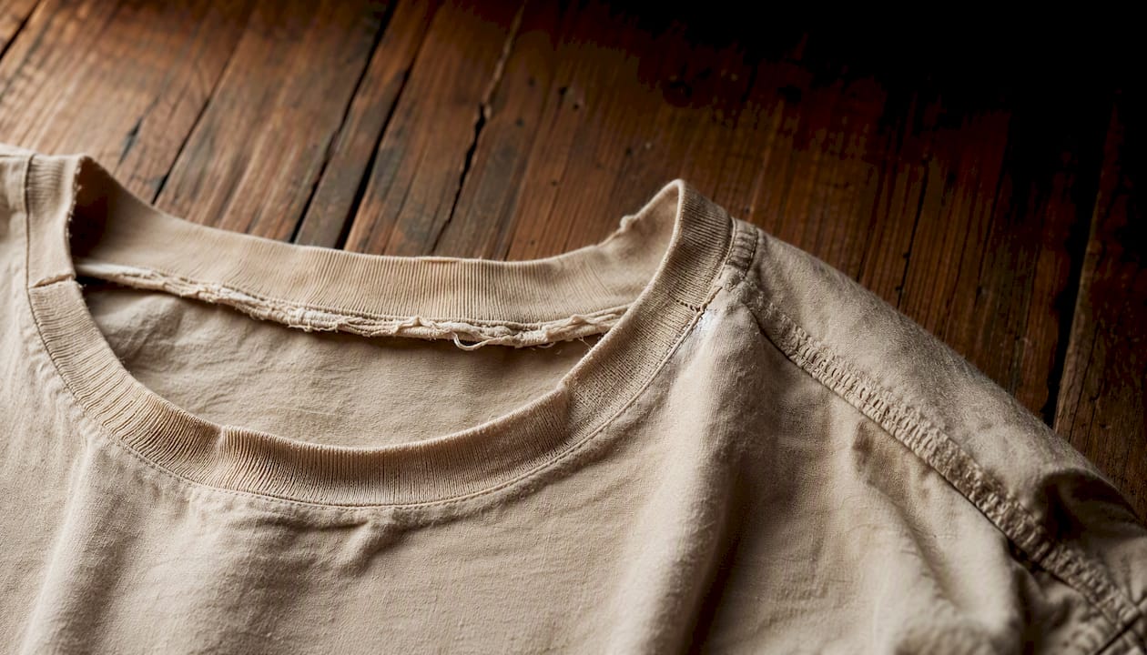 Stretched t-shirt collar and pulled seam detail