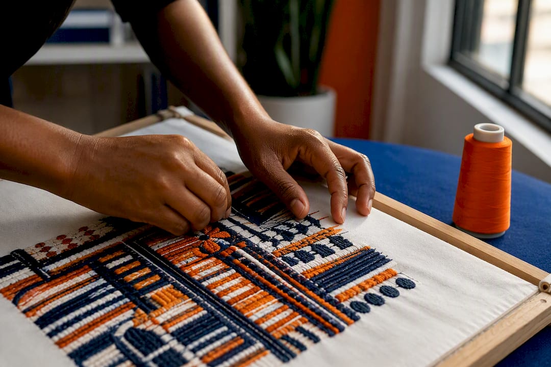Fine embroidery on smooth cotton fabric