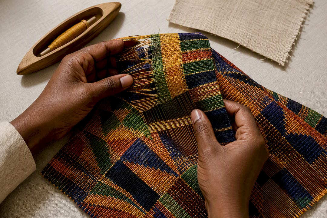 Interlaced Kente textile strips close-up