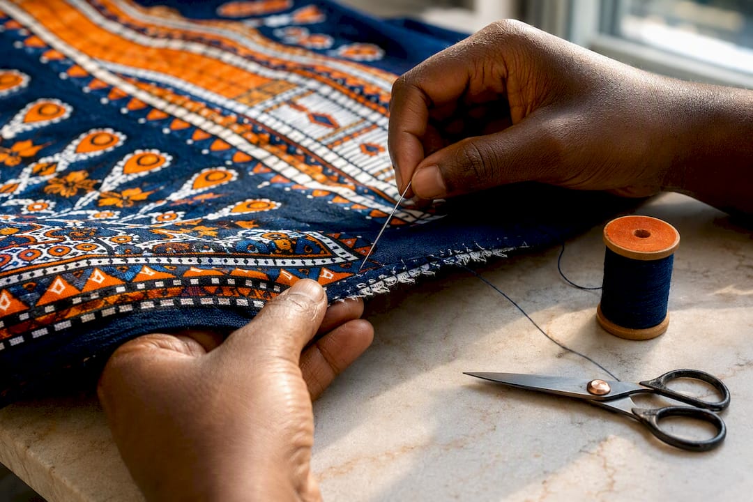 Hands repairing a printed dashiki hem