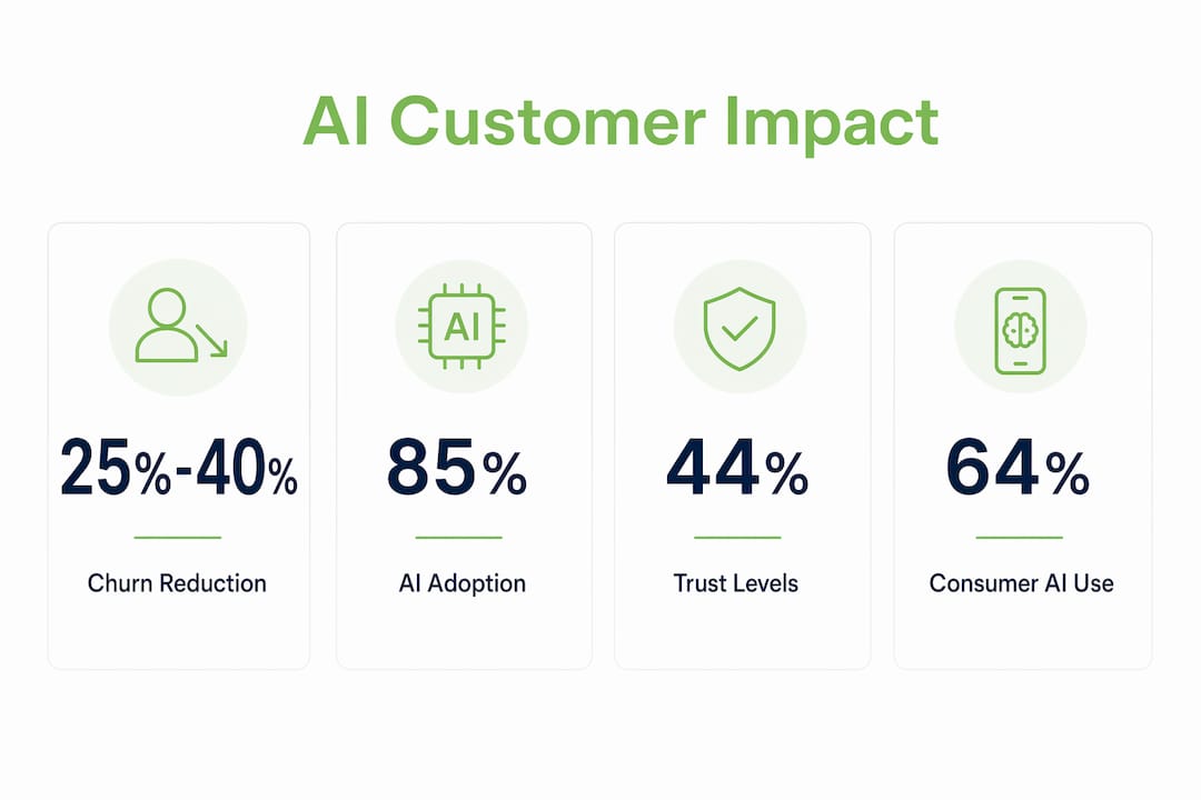 Infographic showing AI impact stats on customer churn and adoption