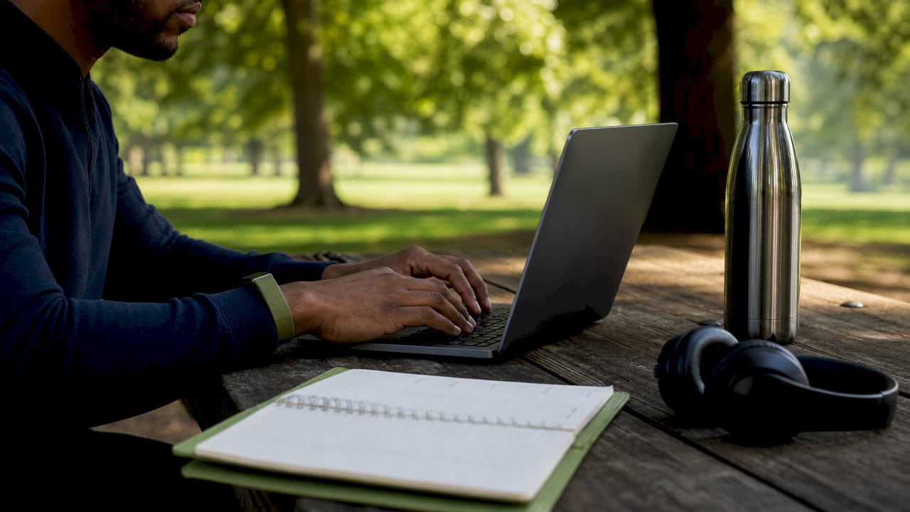 Hands typing on laptop in cafe, AI tools use