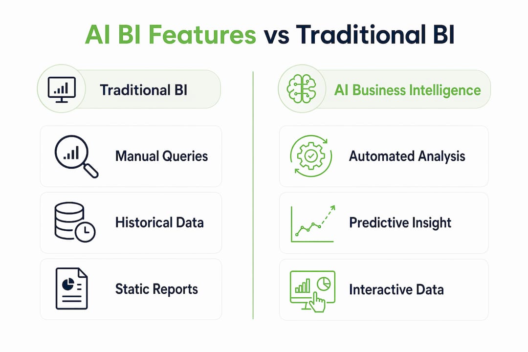 Infographic comparing AI business intelligence with traditional BI features